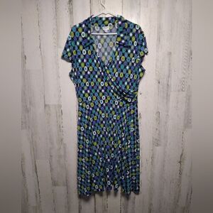 Vintage Dorby Faux Wrap Blue Green Polka Dot Dress Size 18